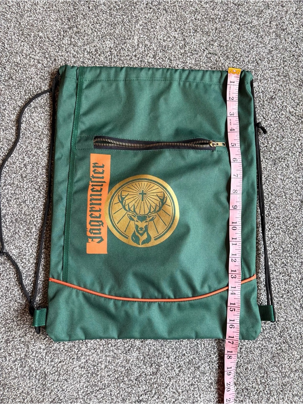 Yagermeister Drawstring Backpack Cinch Bag Green w Zipper Pocket in Front - Picture 5 of 7
